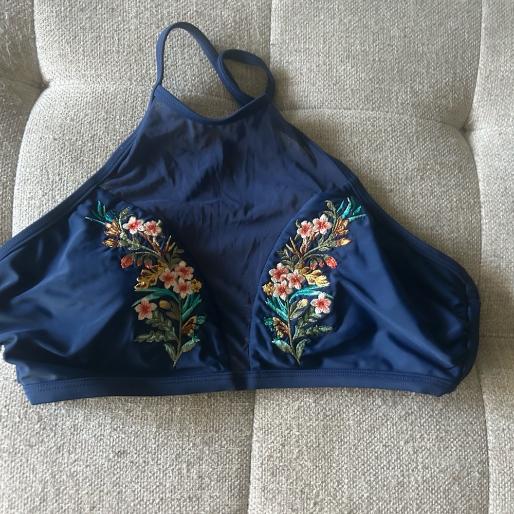 Floral Embroidered Navy Bikini Bottom